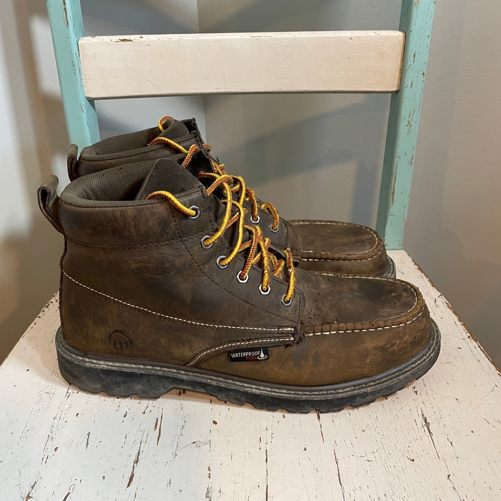 Wolverine Mens Brown Leather Waterproof Plus Moc Toe Work Boots W221048 Size 11M